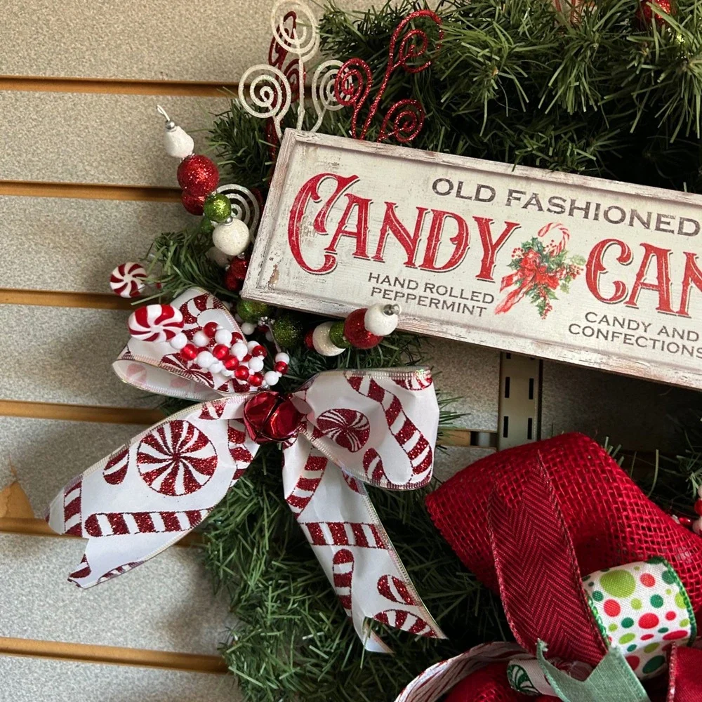 Candy Cane Christmas Wreath Holiday Decoration Winter Door Decor Sign 14 in base